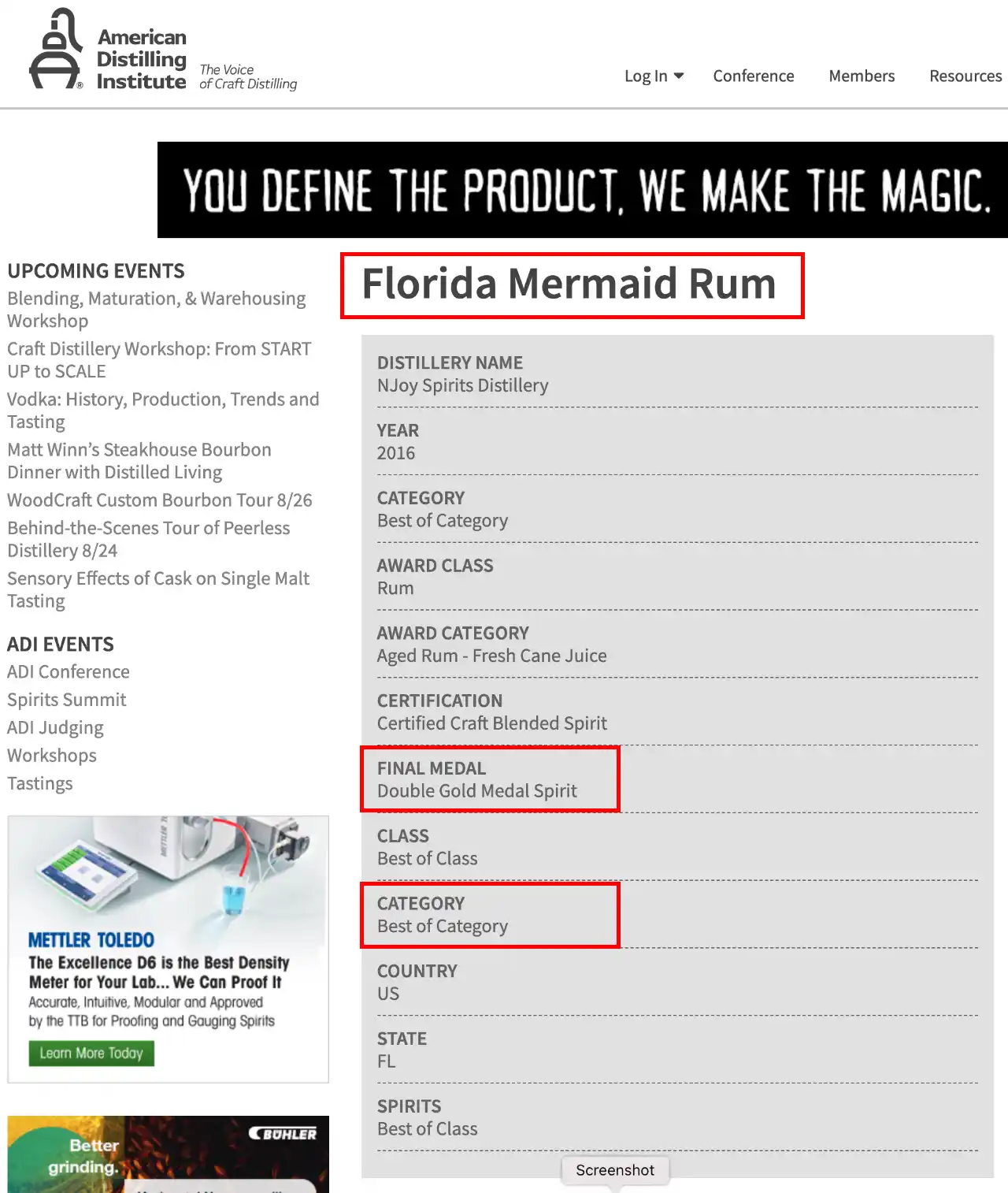 2016 American Distilling Institute - Florida Mermaid Rum - Gold Best of Category 1280x1514