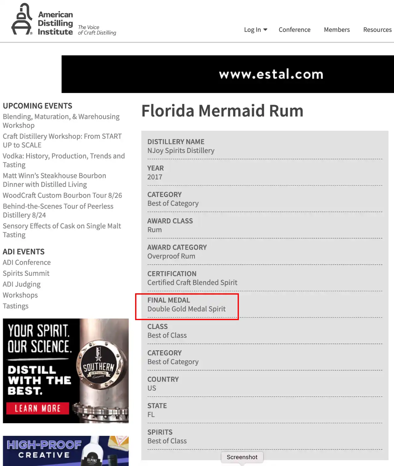 2017 American Distilling Institute - Florida Mermaid Rum - Double Gold Medal Best of Class 1280x1514